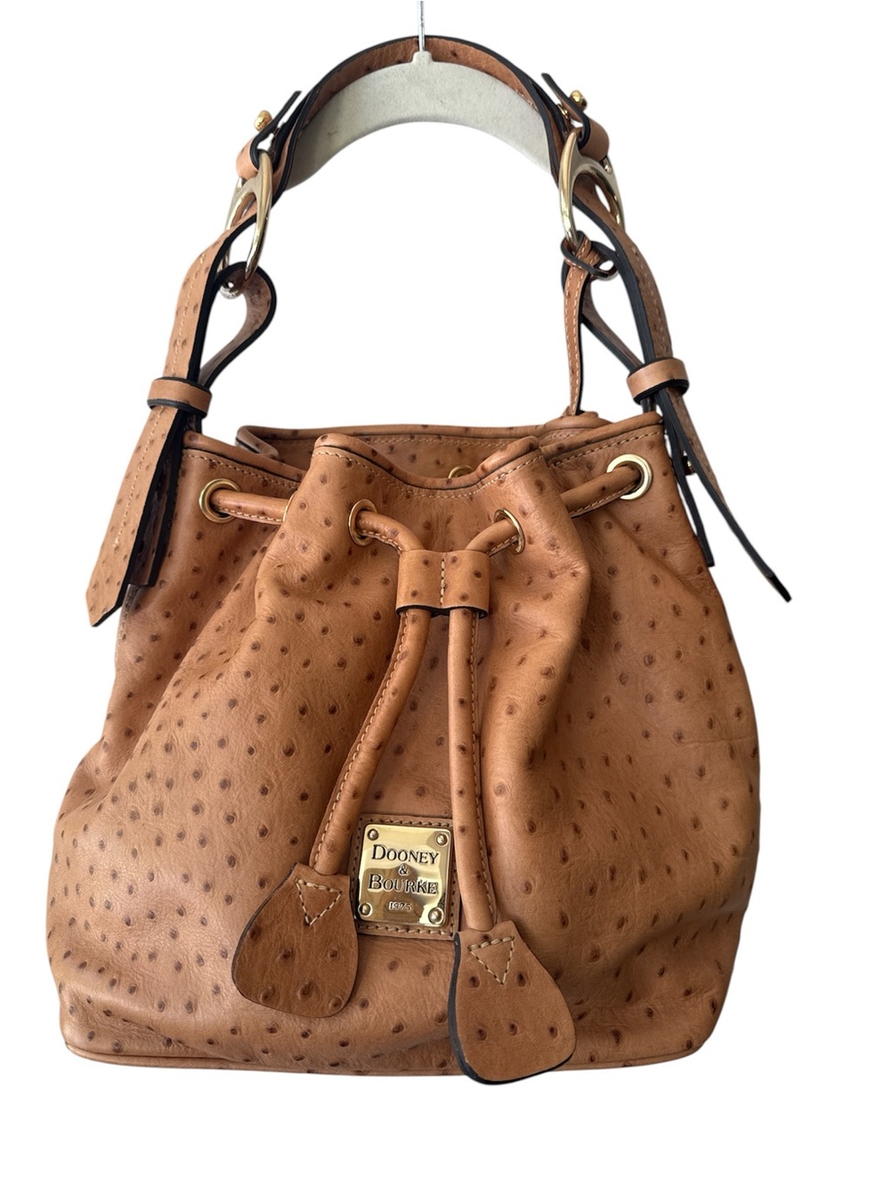 Dooney & Bourke Ostrich Embossed Leather Drawstring Bucket Bag Cognac Tan